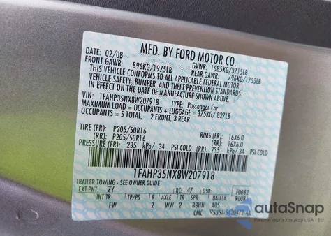 2008 Ford Focus Se/Ses from USA, damaged, VIN 1FAHP35NX8W207918